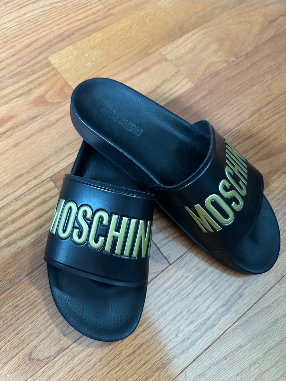 Authentic Moschino Black Slides with Gold Raised Logo